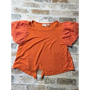 Charlotte by Cato Orange Linen Blend Eyelet Flutter Sleeve Tie Front Top S